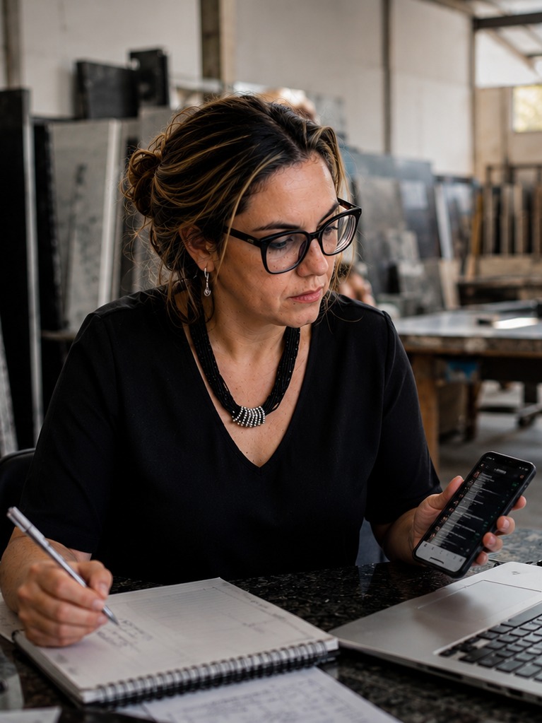 Fernanda Marco working at her desk in her stone fabrication business, with a laptop and phone, granite slabs stacked in the background
