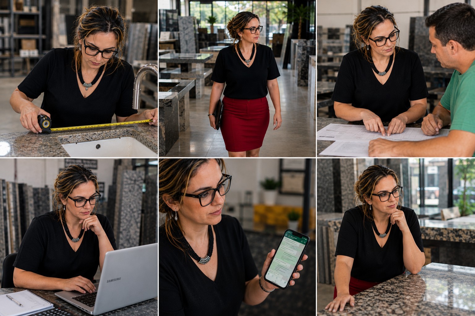 Six moments of Fernanda Marco's daily work: measuring a sink cutout, walking the showroom floor, reviewing a drawing with a colleague, working on a laptop, checking WhatsApp, and thinking through a quote