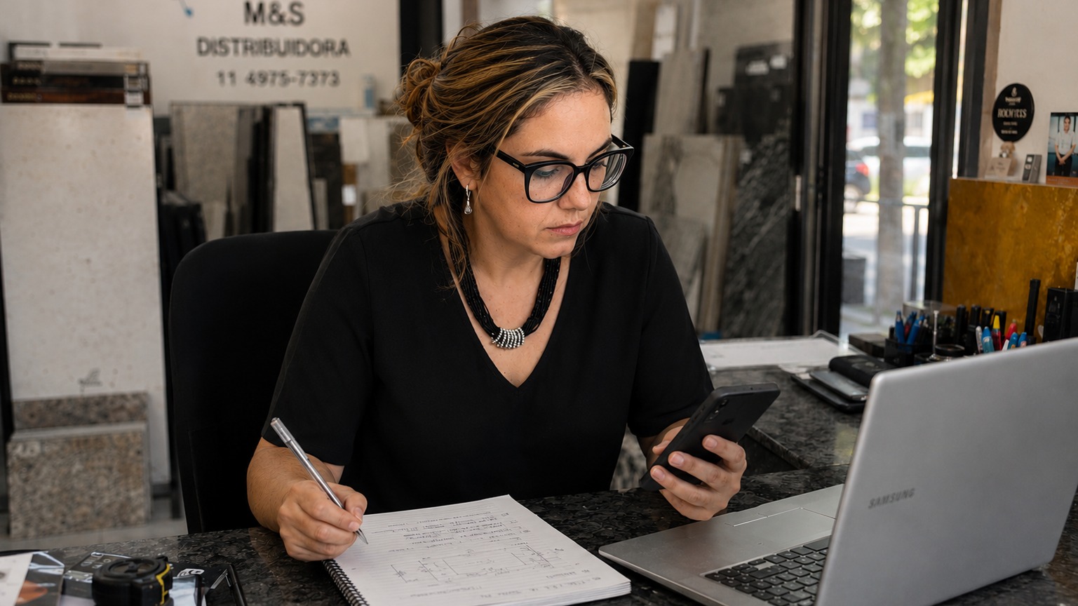 Fernanda Marco working at her desk at Granitos M&S, with the shop sign and granite and marble slabs in the background