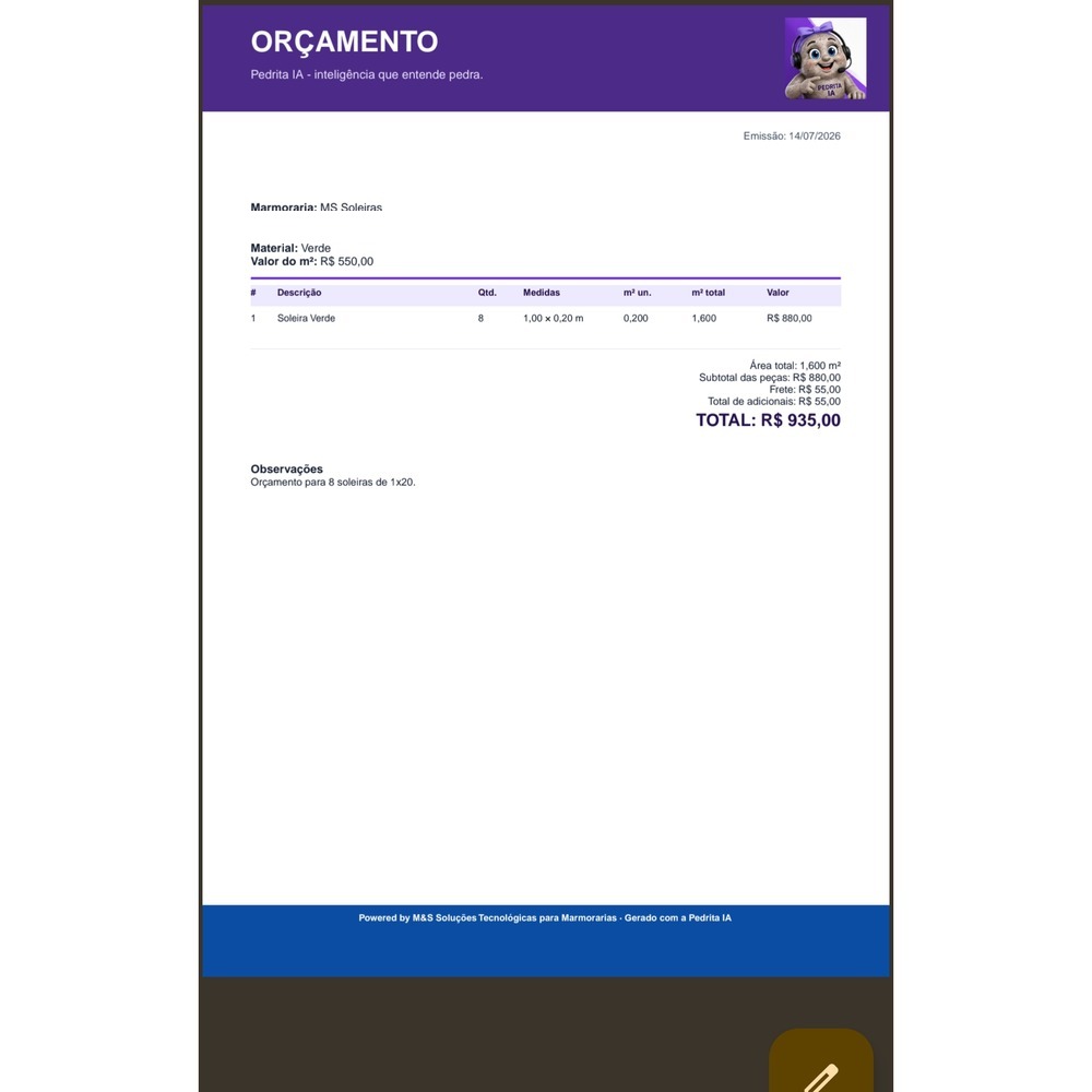 A real quotation PDF, generated automatically with client, material and pricing details, ready to send through WhatsApp