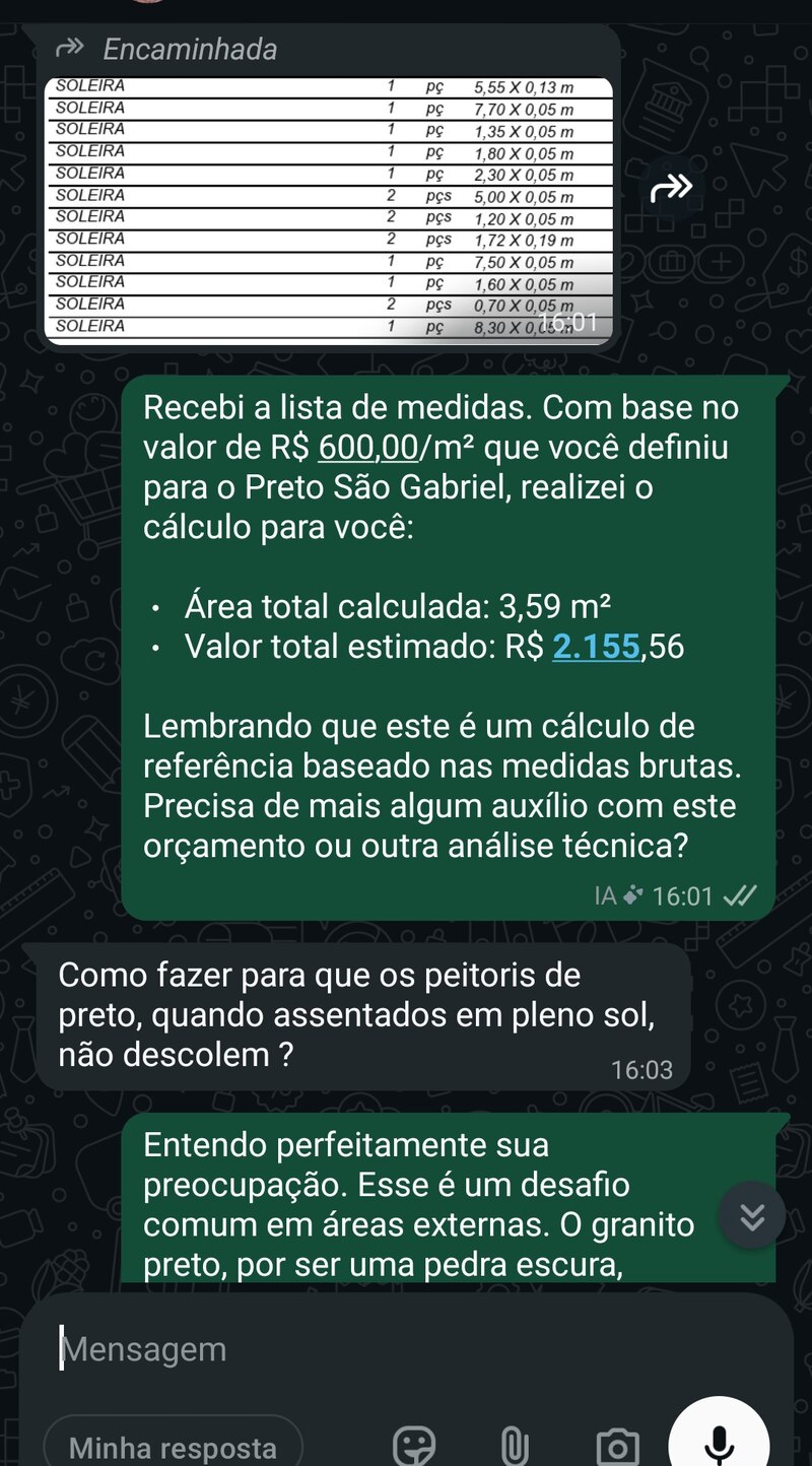 WhatsApp conversation showing Pedrita's calculated area and price, followed by a technical question about installing dark granite in direct sun