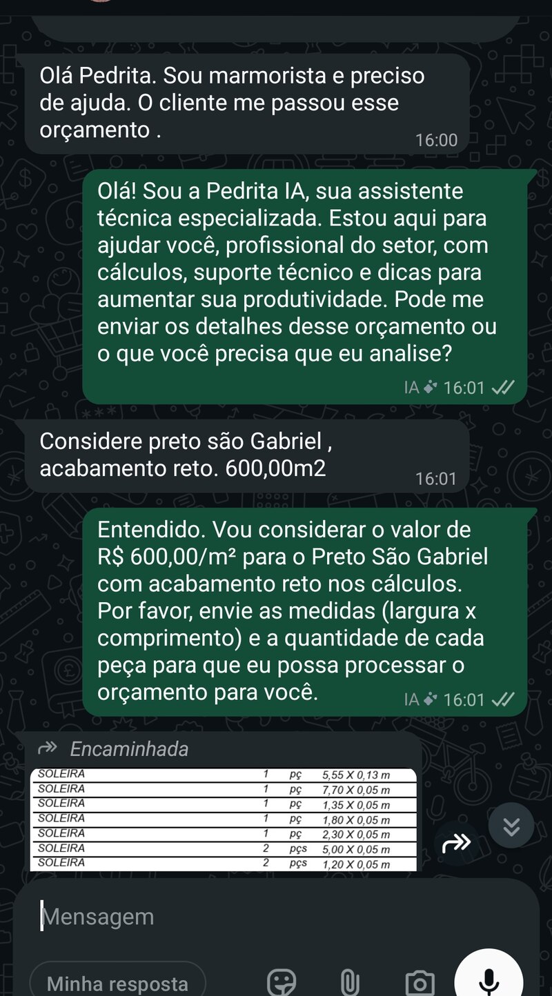 WhatsApp conversation where a fabricator asks Pedrita for help with a client's quote for Preto São Gabriel granite