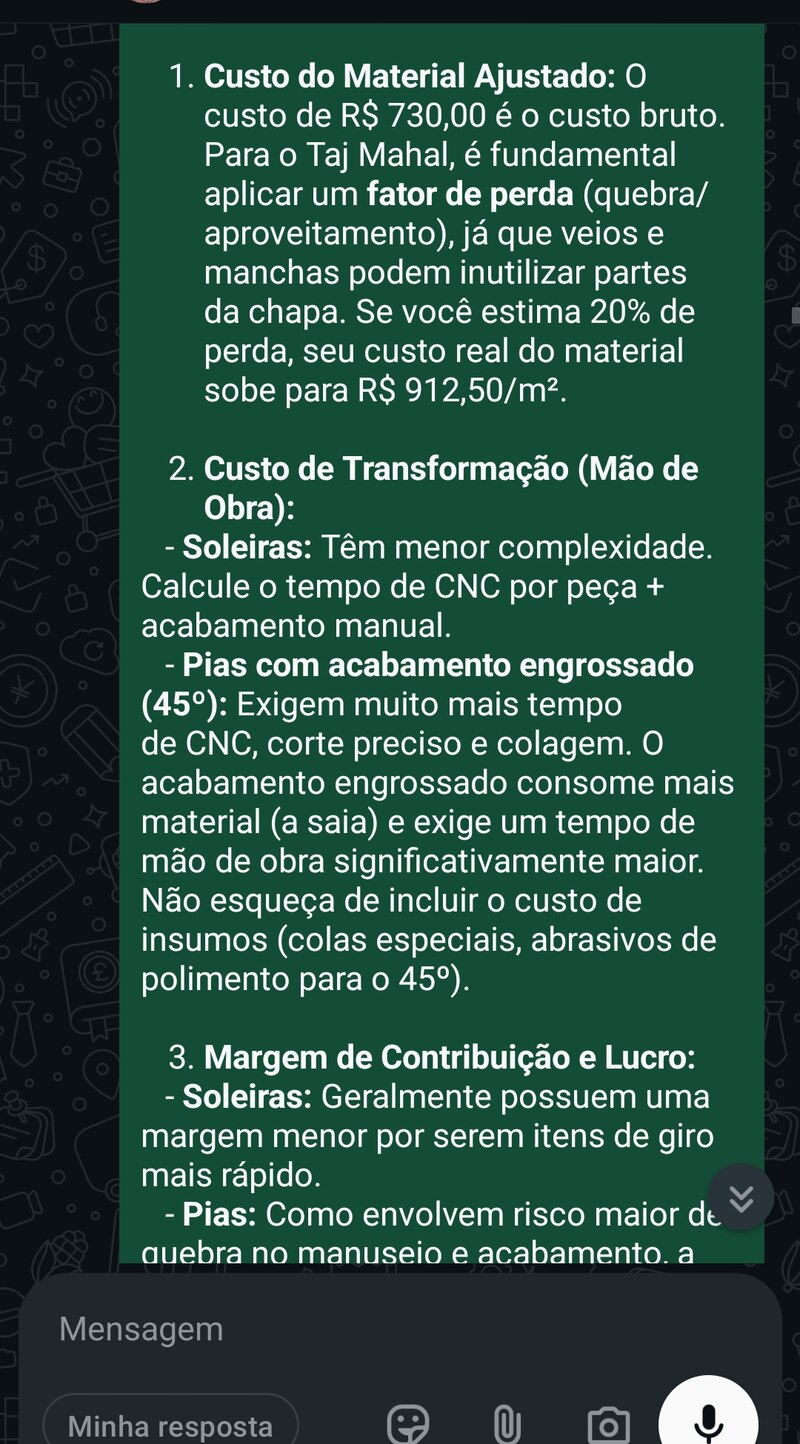 WhatsApp conversation showing Pedrita's detailed cost breakdown for pricing Taj Mahal quartzite, covering material loss factor, labor and profit margin