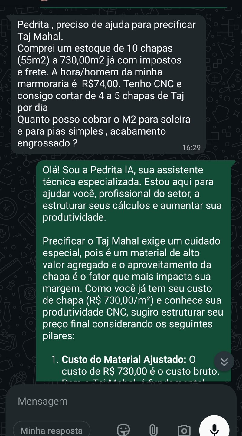 WhatsApp conversation with a fabricator asking Pedrita how to price Taj Mahal quartzite, including slab cost and CNC production rate